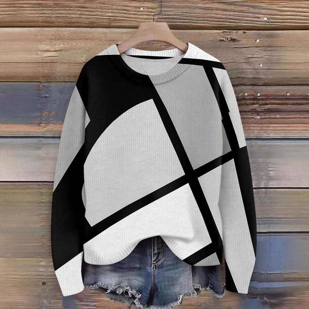 Long Sleeve Pullover Sweaters For Women O Neck Casual Cute Printing Knit Oversized Sweater