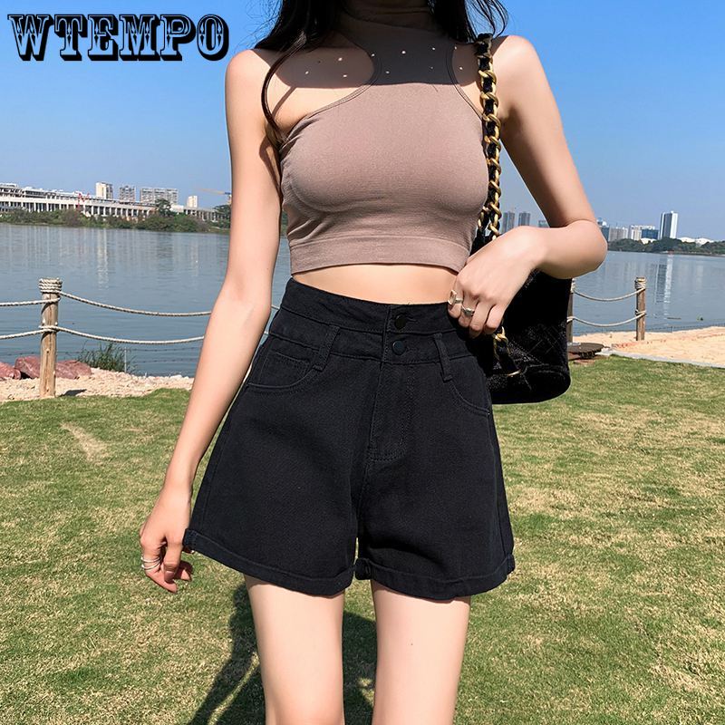 Women's Denim Shorts with Rolled Edges and Double Buttons Summer High Waist Straight Leg Wide Leg A-line Shorts