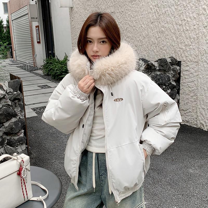 Womens Short Puffer Coat With Faux Fur Hood Winter Warm Cotton-Padded Jacket Loose Fit Casual Style