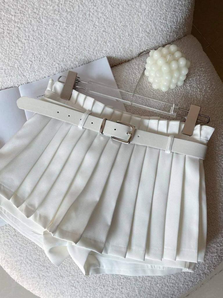 Mini-Faltenrock mit hohem Bund - Weiß, A-Linie, Anti-Exposure, Schlankmachend, College-Stil