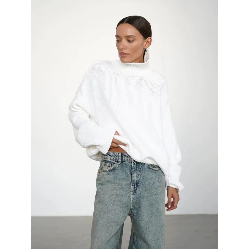 

Fashion Autumn and Winter Solid Color Turtleneck Sweater Loose Knitting Sweater High Neck Knitted Sweater White S