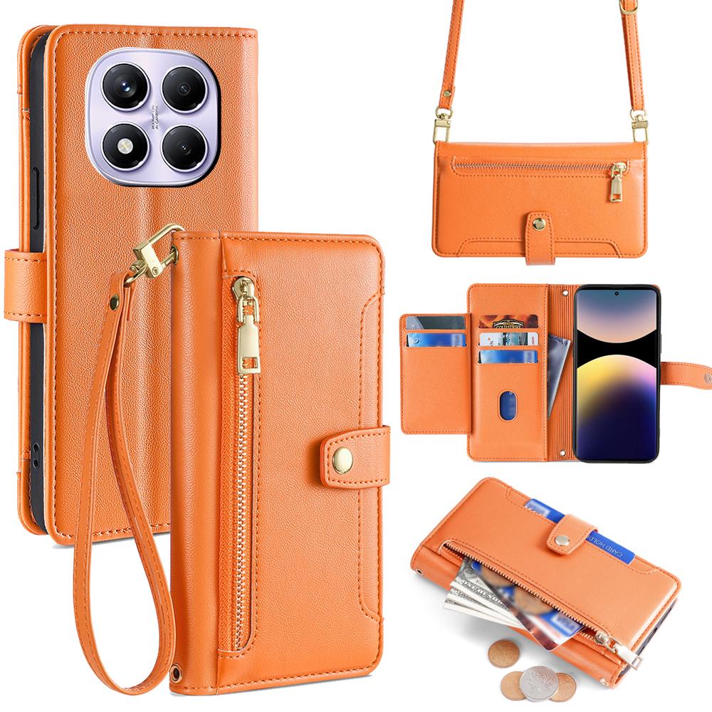 For Xiaomi Redmi Note 14 Pro 4G Case Zipper Pocket Wallet Leather Phone Cover with 2 Straps