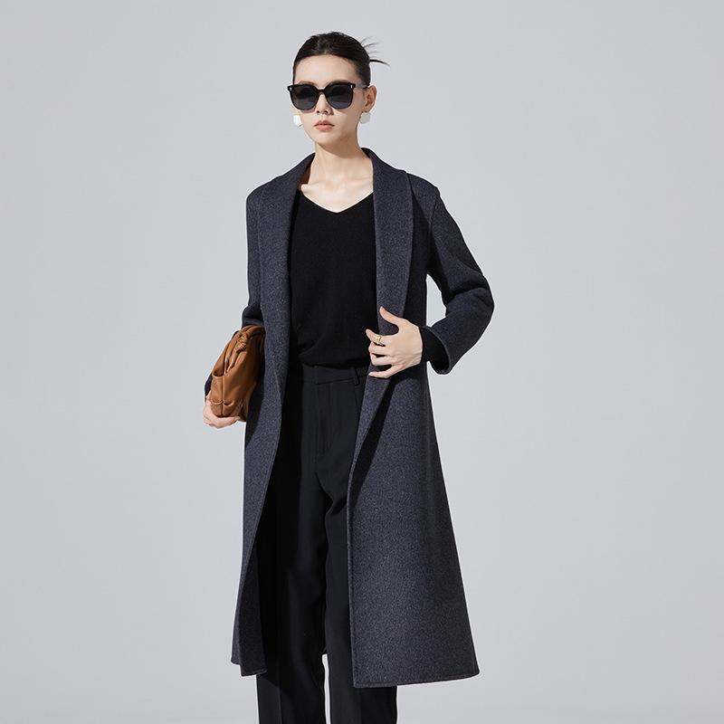 Women's Mid-Length Double-Sided Cashmere Coat - Slim Fit Korean Style Belted Trench, 100% Pure Wool for Autumn and Winter