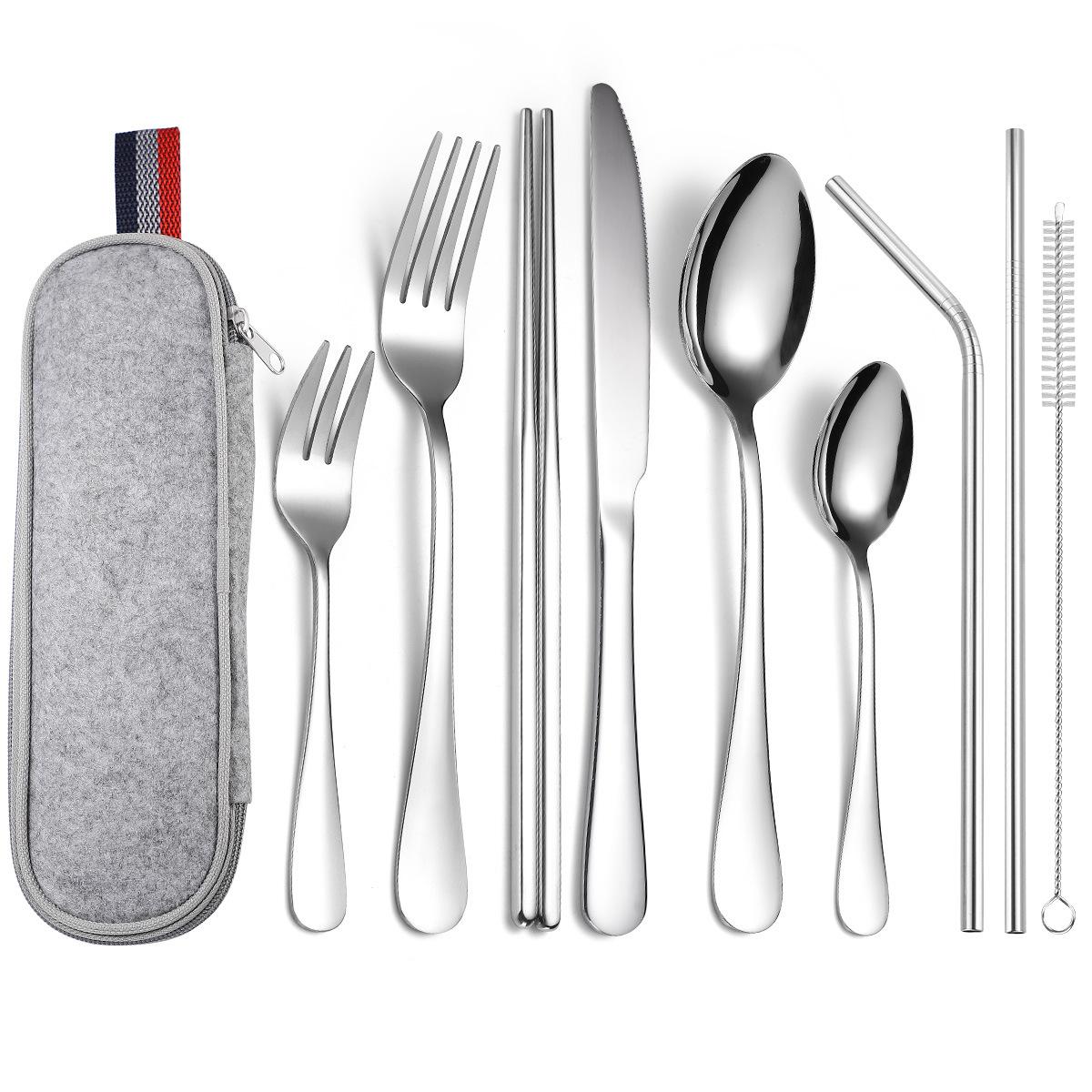 2026 Stainless Steel Portable Cutlery Set 9 Pcs Outdoor Camping Knives and Forks Spoons Chopsticks Straws Quantity 9