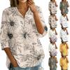 Women Button Down Collared Loose Fit Shirt with Vintage Floral Print Three Quarter Sleeve Casual Blouse Top for Daily Wear