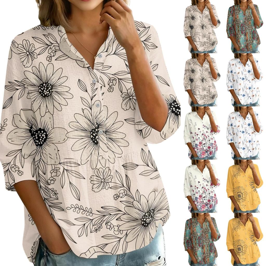 Camicetta da Donna a Bottoni con Collo, Vestibilità Larga, Stampa Floreale Vintage, Manica a Tre Quarti, Top Casual per Uso Quotidiano