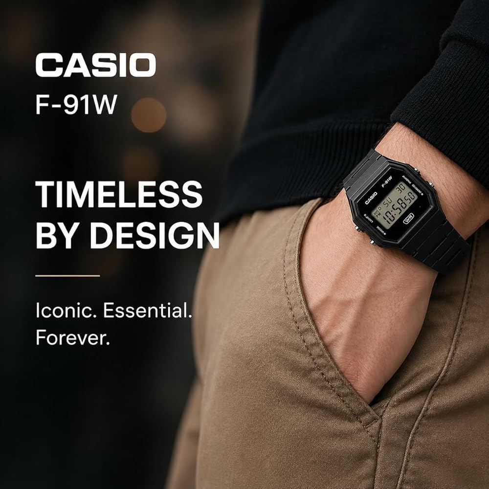 Casio F91W Digital Watch Waterproof LED Light Stopwatch 1/100 Sec Black/White Minimalist Design
