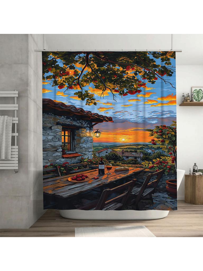 Paesaggio Tramonto Rustico Tenda da Doccia Impermeabile Resistente al Calore Lavabile in Lavatrice Non Trasparente 180x180cm