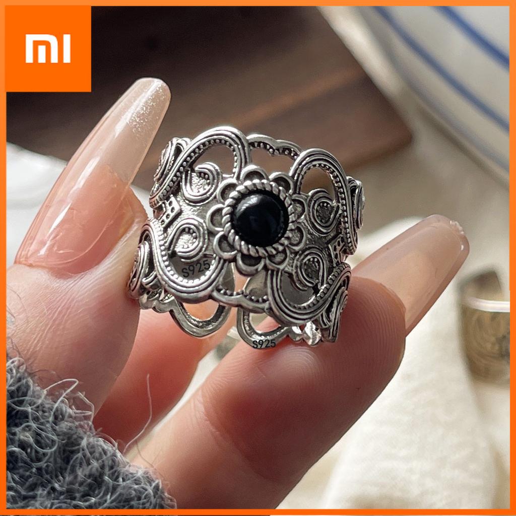 Xiaomi 925 Sterling Silver Rings For Women Geometric Fine Jewelry Adjustable Simple Wide Black Stone Retro Ring For Party Birthday Gift