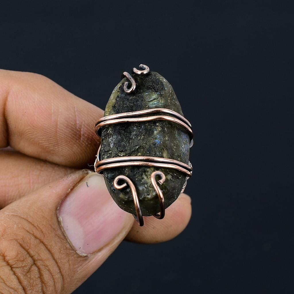 Natural Rough Labradorite Gemstone Handmade Copper Wire Wrap Ring Size 4 N4U44