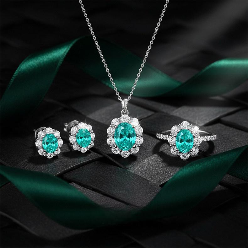

2026 Pigeon Egg Ice Flower Cut Diamond Full Paraiba Green Ring Earrings Pendant Classic Three-piece Set 45CM