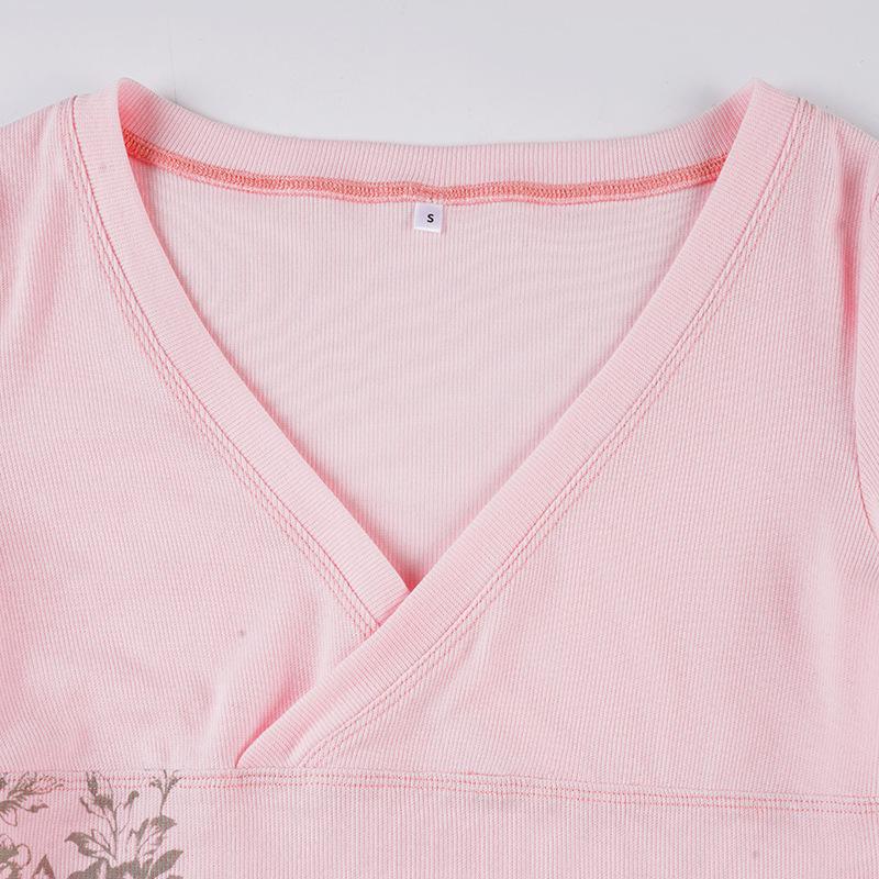 Retro scharfes florales Print V-Ausschnitt Langarm figurbetontes T-Shirt für Damen