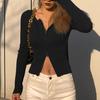 Women Shirt Solid Color Double Zippers Long Sleeves Cardigan V Neck Whorl Slim Fit Anti-shrink Yoga Blouse for Home