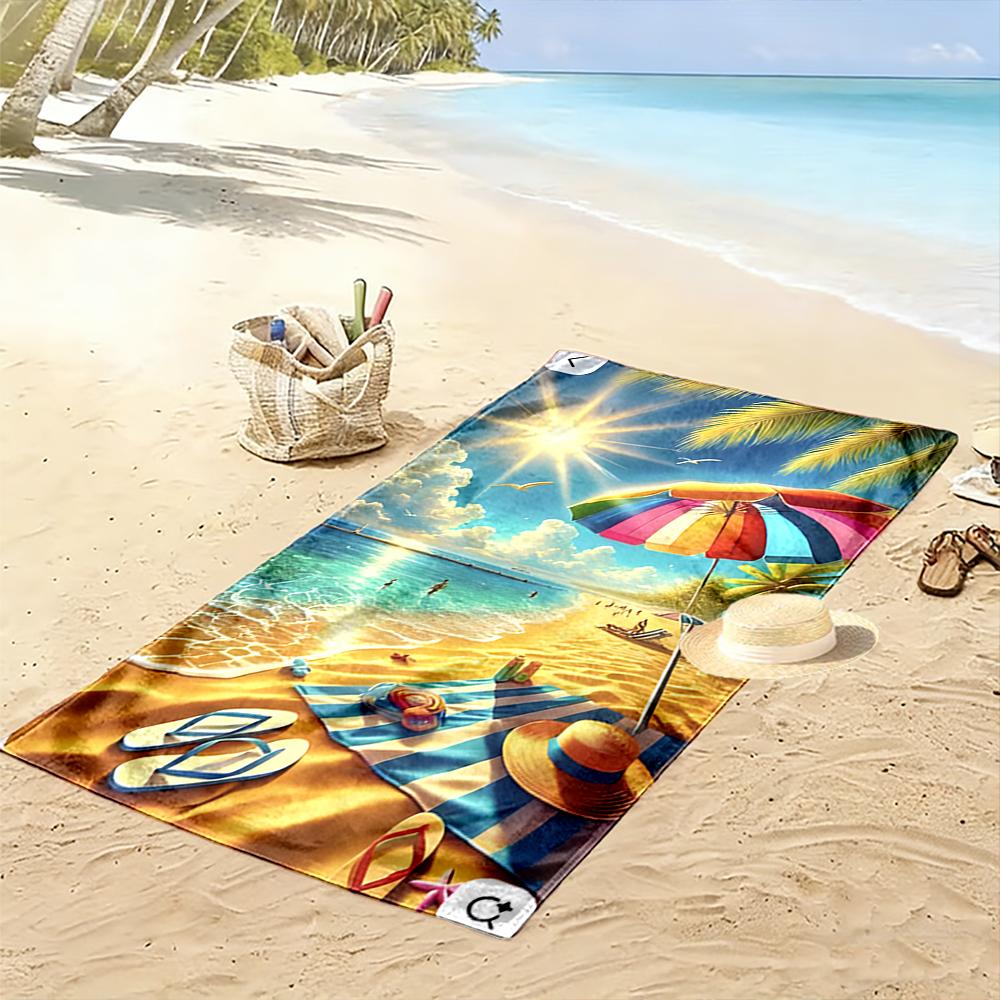 Tropical Beach Scene with Umbrella Art Beach towel quick-drying for travel outdoor sports jogging beach and swimming