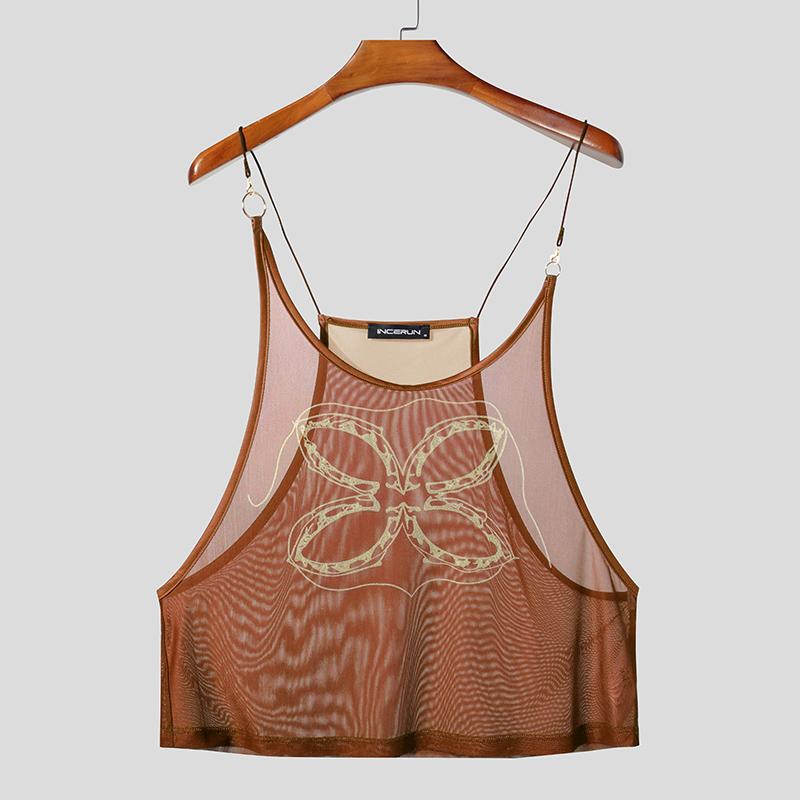 INCERUN Men Sling Sleeveless Print Mesh Sheer Tank Tops Camisole Undershirts