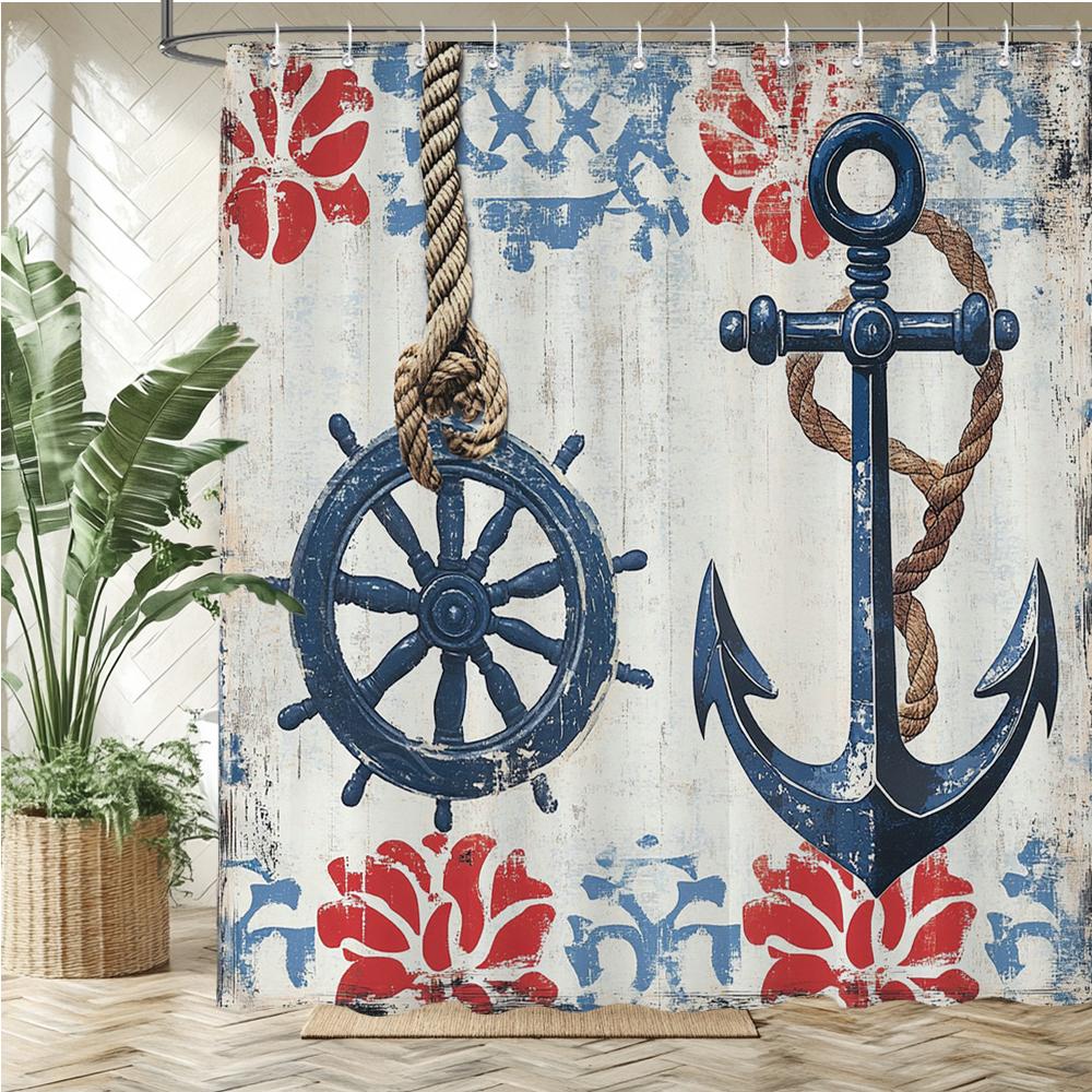 Retro Nautical Anchor Style Printed Fabric Shower Curtain, Ocean Navigation Style Bathroom Curtain Decoration, With Hooks