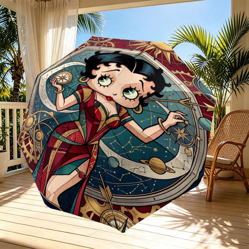 Betty Boop Print Automatic Open Close Umbrella, Portable Foldable Umbrella, for Outdoor Commute Camping Trip, Ideal Birthday Gift