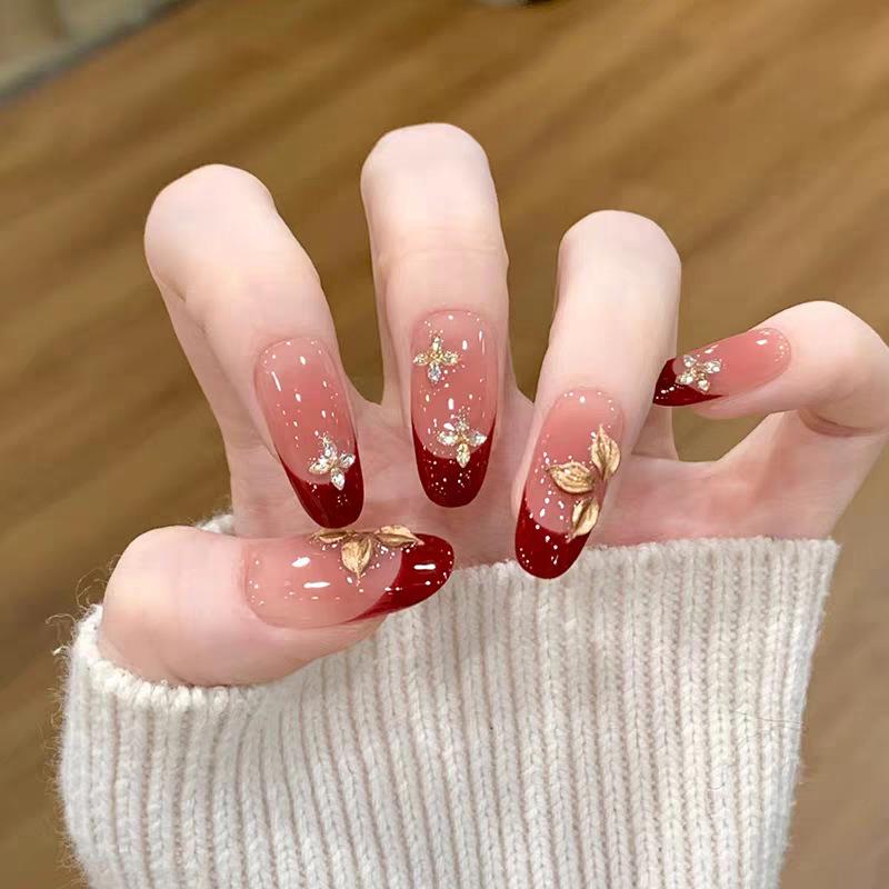 Handmade Retro Wine Red Gilded Floral Medium Oval Nail Tips Bag XS