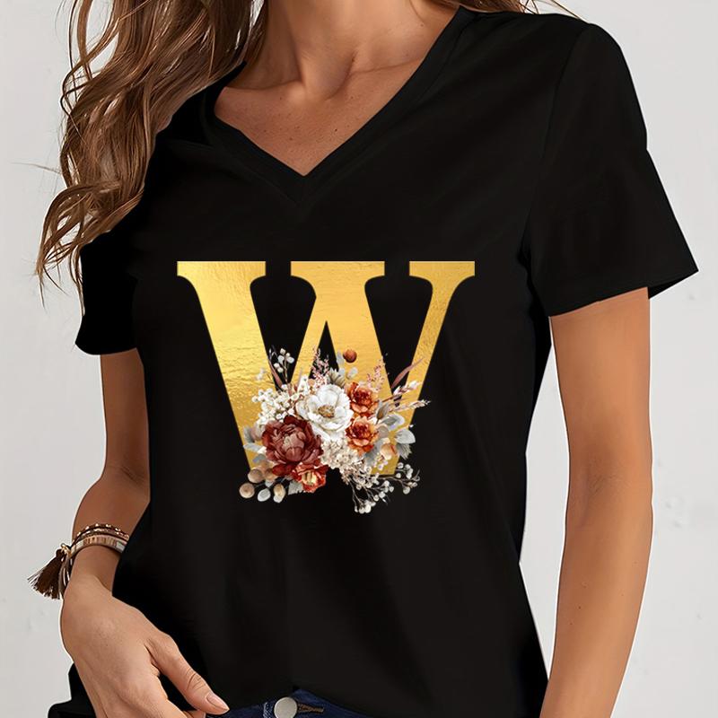 Vintage Flower Alphabet Graphic T Shirts Women Alphabet Rose Gold Essential Women Clothing Gift for Alphabet Floral Lover Tshirt