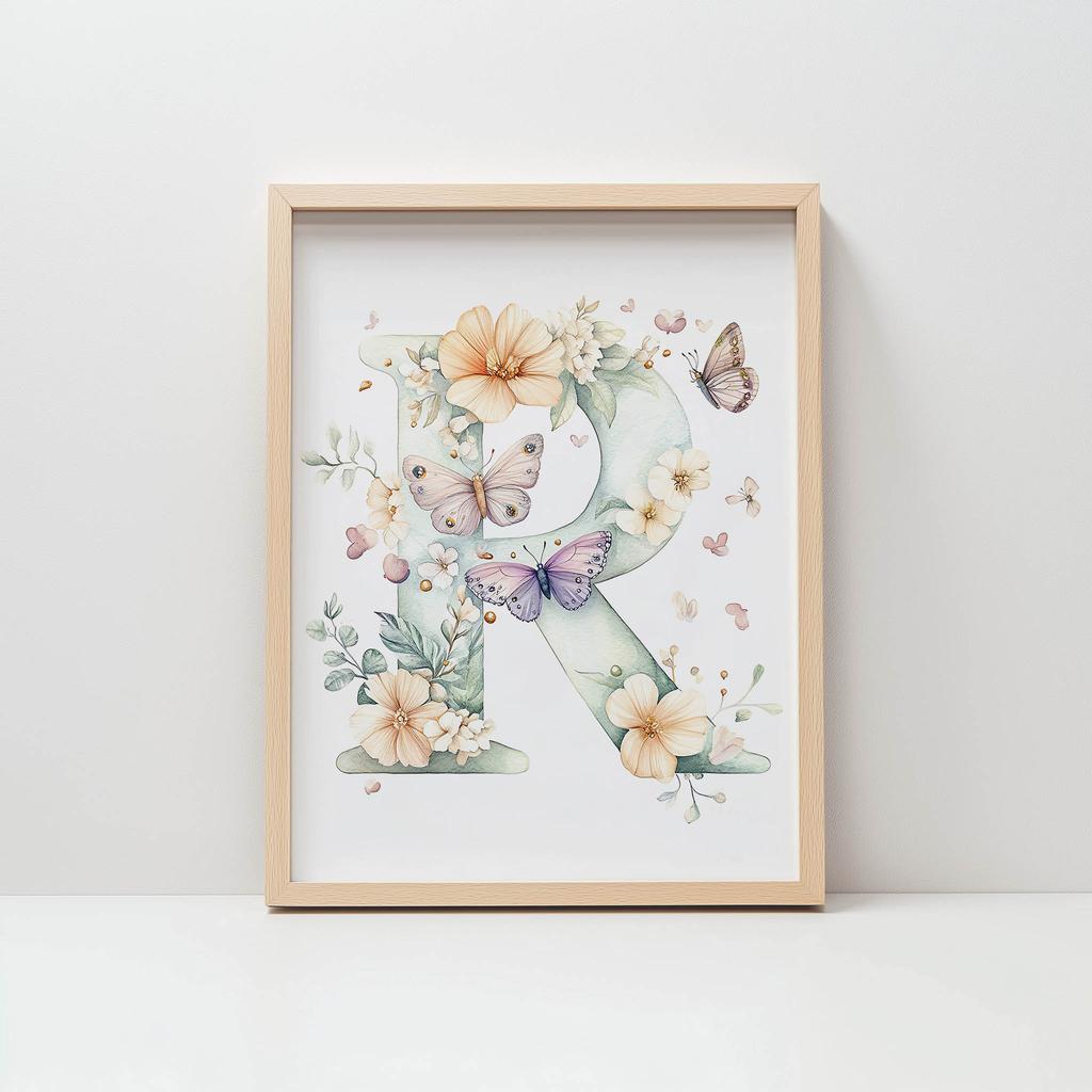 Plakat Literka "R" W Kwiatach I Motylach Plakat Literka "R" W Kwiatach I Motylach, 30X40 Cm, Bez Ramy, Płótno Premium Na Blejtramie
