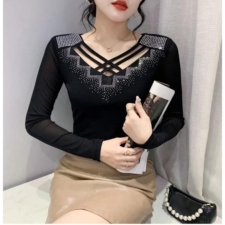 Streetwear Women's Clothes T-Shirt Spring Autumn High Quality Hot Diamonds Long Sleeve Tops Ladies Sexy V-Collar Mesh Tees