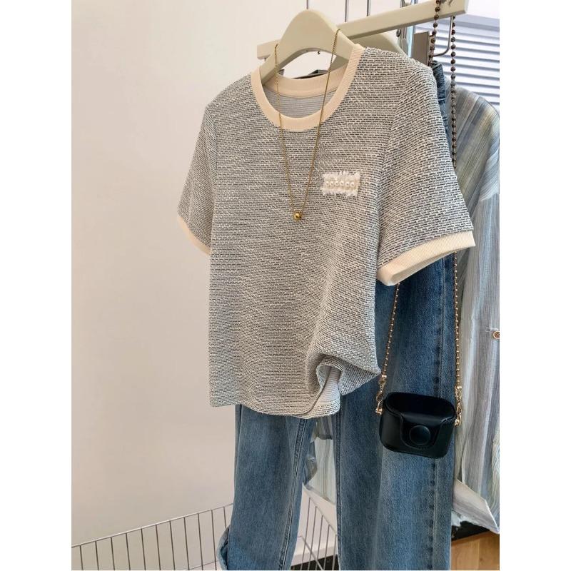 Frühling Sommer Damen Tweed Strick T-Shirt Perlenverziert Kontrast Rundhalsausschnitt Kurzarm Lässig Elegant Grau Oberteil