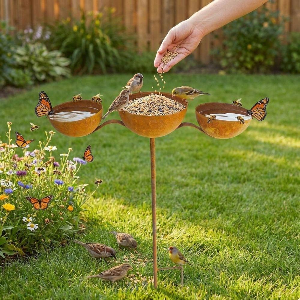 Rusted 3-Tiered Bird Bath Metal Bird Feeding Station Multi-Purpose Bird Water Bowls Yard