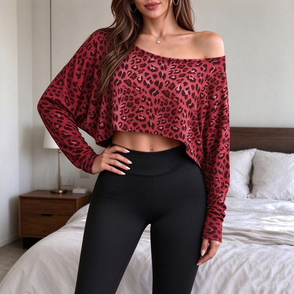 Women's Casual Fashion Off Shoulder Long Sleeve Cropped Top for Everyday Wear and Outings