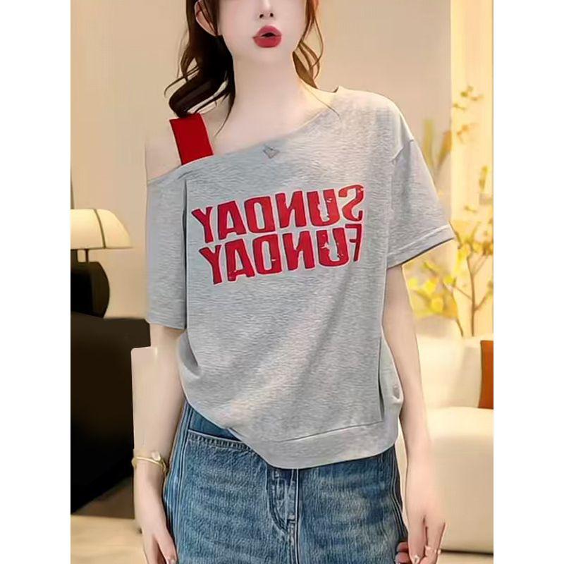 2026 Summer New Style Gray Printed One-Shoulder Short-Sleeve T-Shirt for Women, Korean Niche Design, Versatile Short Top Gray XL