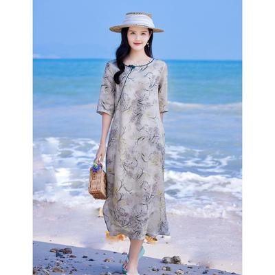2022 Leichtes Damen-Ramie-Druckkleid im chinesischen Stil mit mittleren Ärmeln
