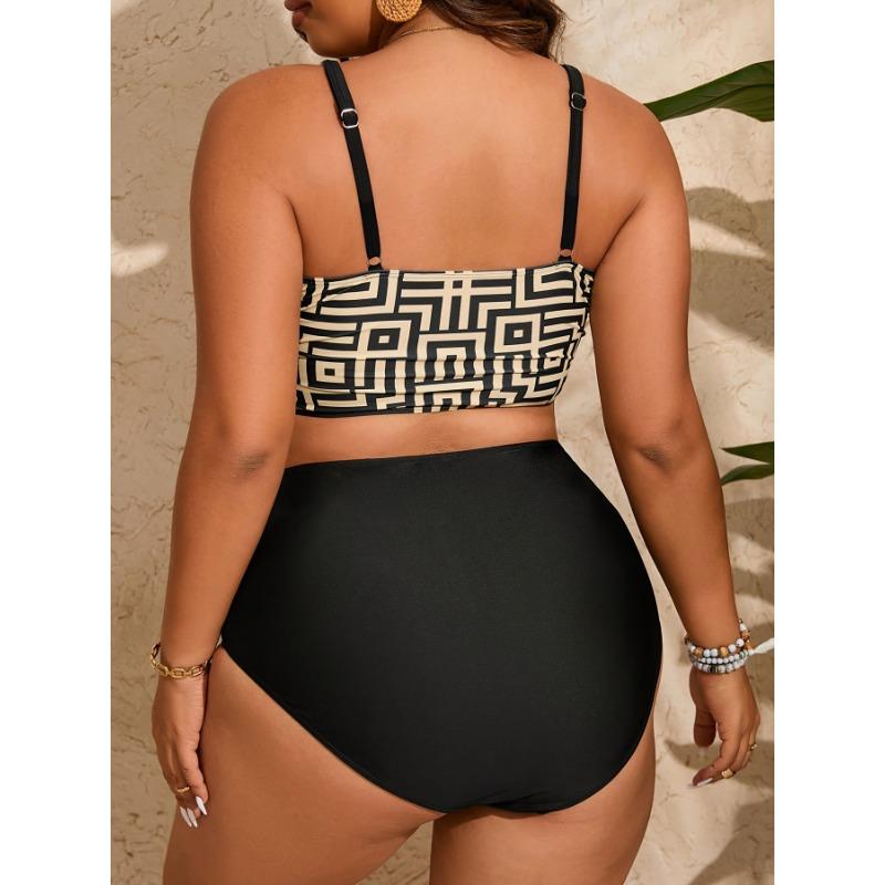 Size Print V Geometric Plus Neck High Waist 2 Piece Set Bikini Swimsuits Womens Swimwear Clothing