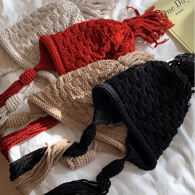 Handmade Fringed Ball Red Knitted Wool Cap Thermal Bald Hat Winter Ear Protector Tied Hat Trendy Hat Children