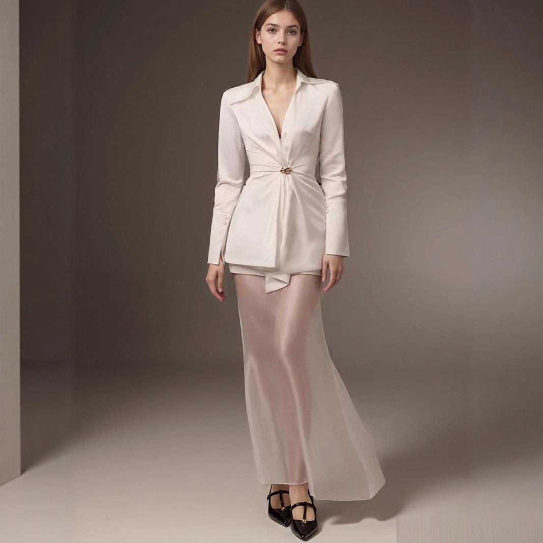 European and American style white shirt-style waist top V-neck metal buckle simple temperament office satin shirt women S