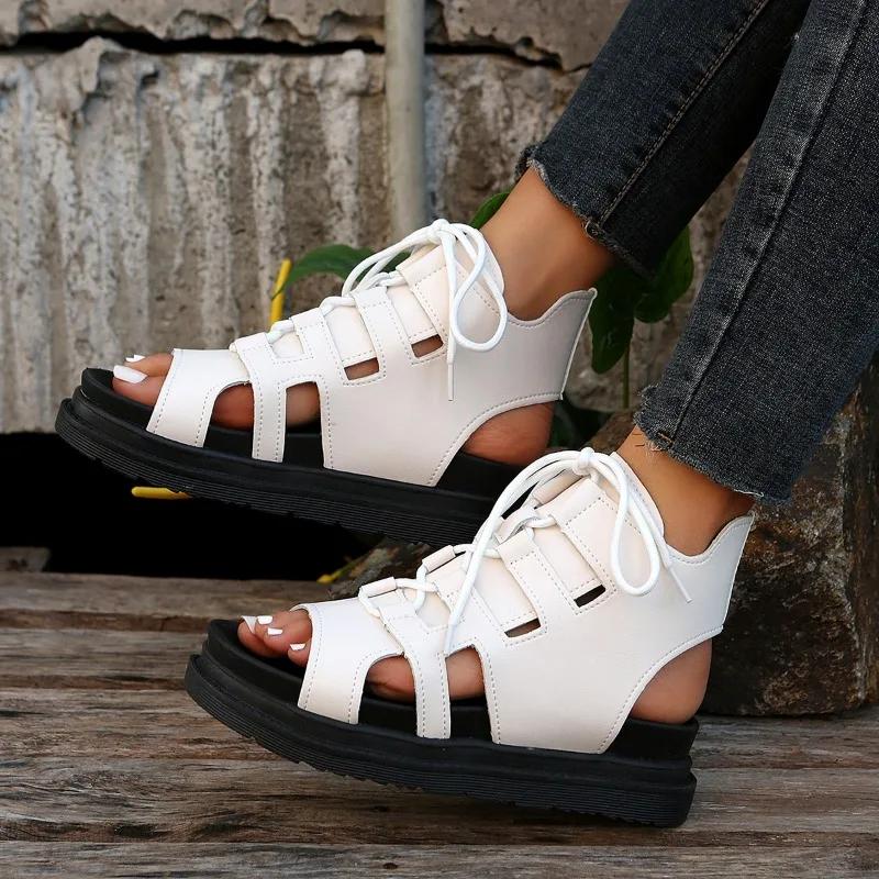5.5cm Cowhide Ankle Roman Sandals Women Summer New Style Ladies Fashion Thick Sole Retro Cool Boots Flat Wedges Student Sandals