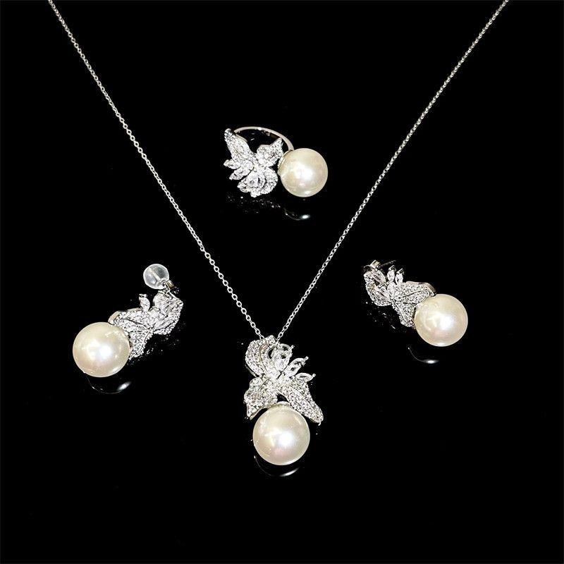 Fashion Vintage Zircon Flower Ear Stud Necklace Big Pearl