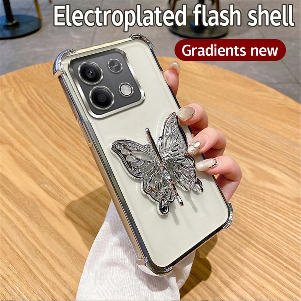 Shockproof Butterfly Stand Phone Case For Xiaomi Redmi Note 14 Pro Plus 14C 4G 5G 14T POCO X7 Pro Gradient Glitter Silicon Cover