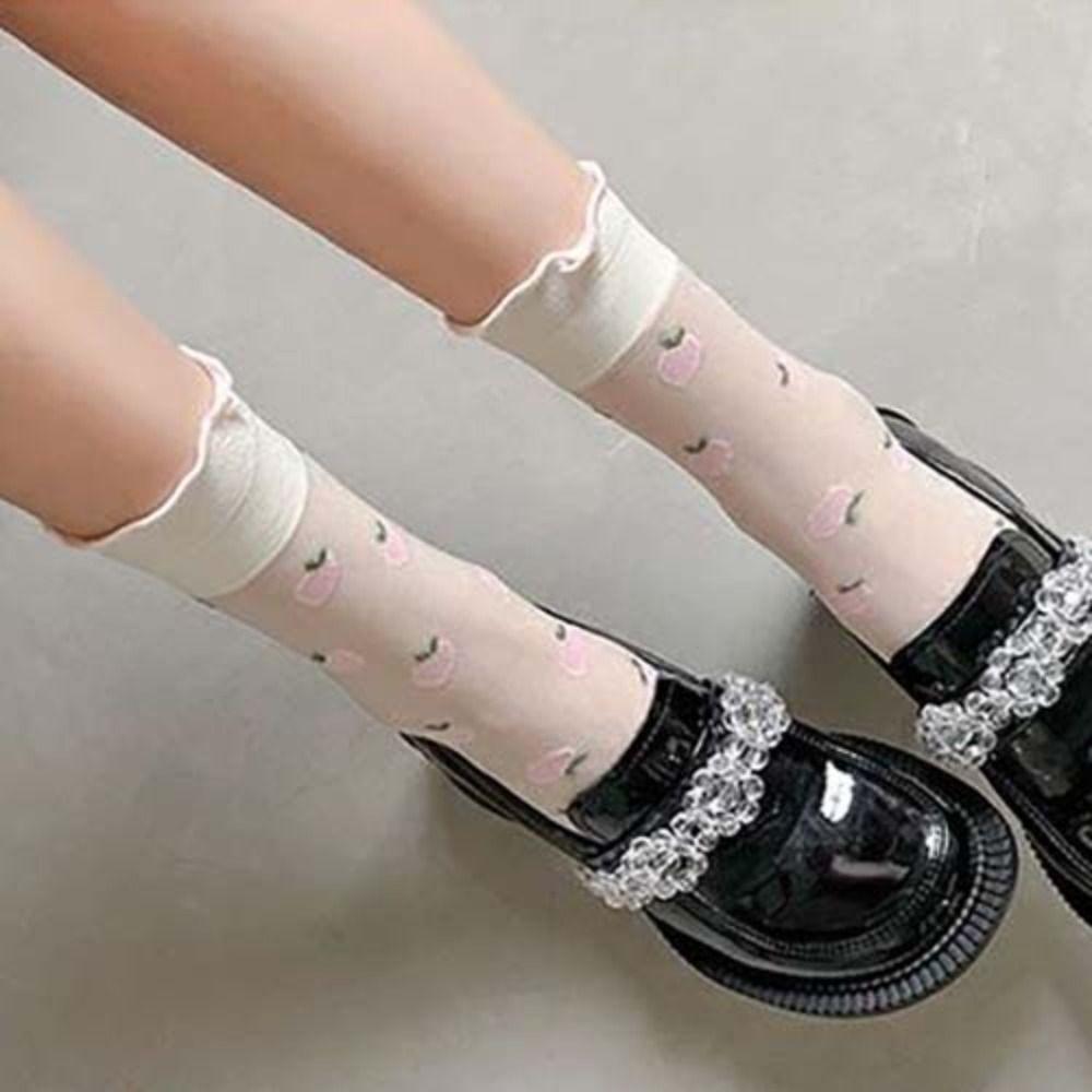 Peach Transparent Flower Ruffle Socks Avocado Fruit Mesh Tulle Mid Tube Socks  Girl