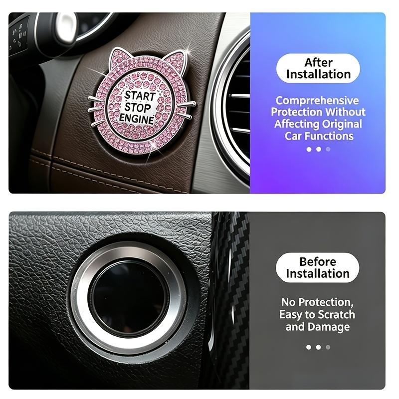 1 Set (Outer Ring + Inner Cover) Cute Cat Ear Car Push Start Button Cover, Bling Rhinestone Ignition Button Protector, Univer