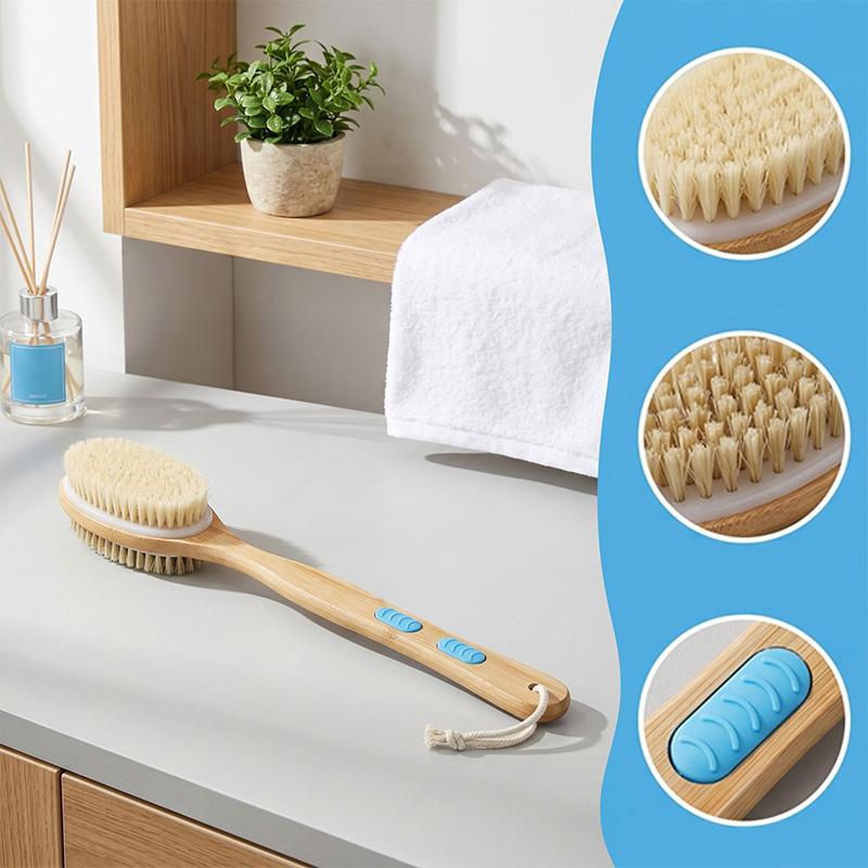 Bristle Shower Brush with Non-slip Long Wooden Handle Exfoliating Massage Scrubber for Back Foot Body Bathing