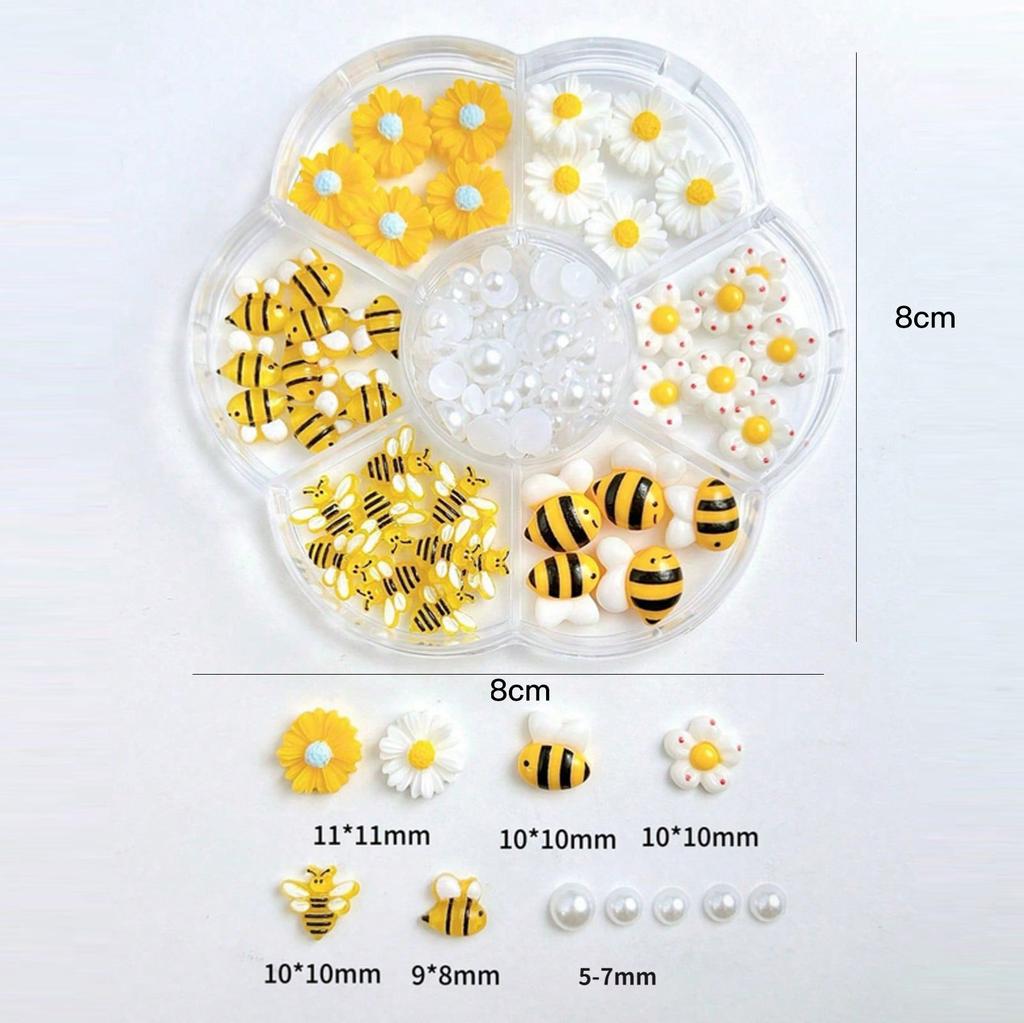1box Cute Bee Daisy Sunflower Nail Charms 10mm Resin Yellow White Floral Nail Gems Flatback Sunflower Daisy Bee Nail Decora D@37