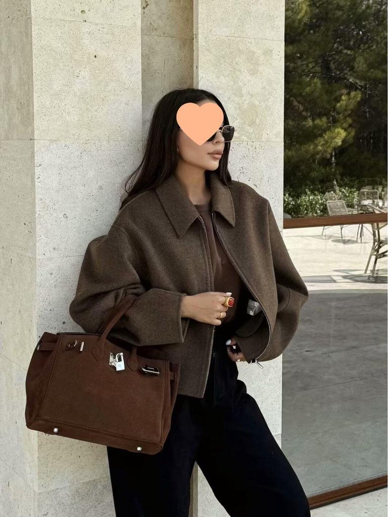 European & American Women's Retro Solid Color Lapel Short Jacket - Brown.