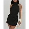 Women's Satin Halter Neck Mini Dress Backless Draped Waist Sleeveless Elegant Cocktail Party Evening Clubwear Short Dress 4 Colors