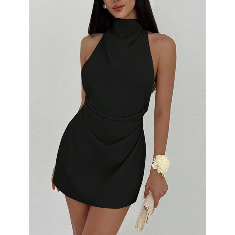 Women's Satin Halter Neck Mini Dress Backless Draped Waist Sleeveless Elegant Cocktail Party Evening Clubwear Short Dress 4 Colors