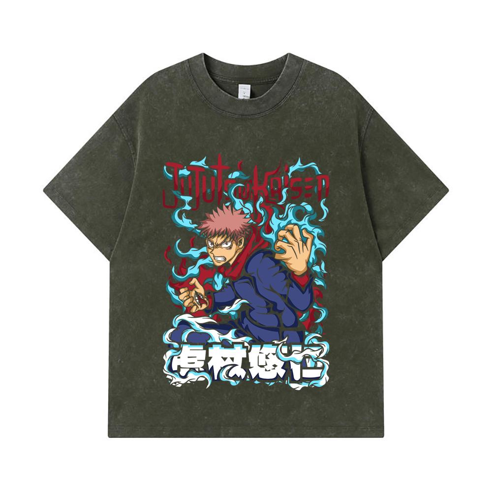 275 GSM Washed T-shirts 100% Cotton Jujutsu Kaisen V50 Yuji Print Unisex Heavy Cotton T Shirt