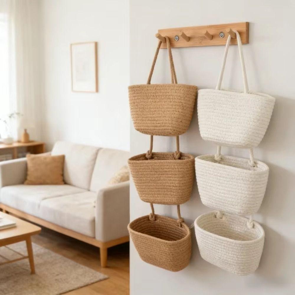 Woven Cotton Multi Pocket Hanging Baskets Handwoven Wall Mount Storage Bag Living Room