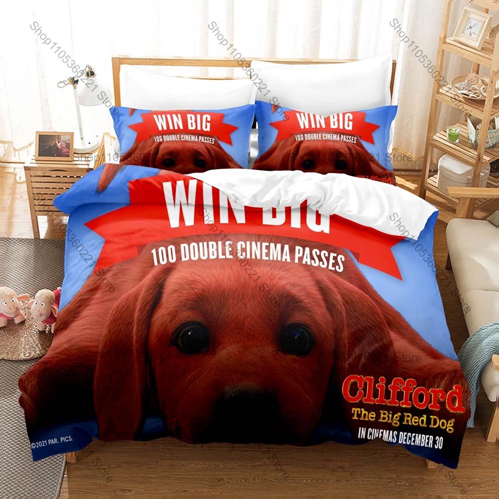 Joli Ensemble de Linge de Lit Dessin Animé Clifford le Grand Chien Rouge Housse de Couette + 2 Taies d'Oreiller Kawaii Anime Décoration de Chambre 100x130CM