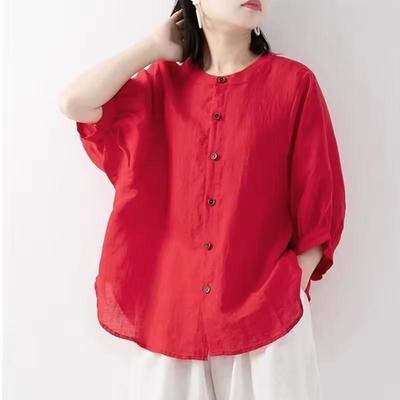 Women's Spring Vintage Boho Cotton-Linen Shirt with Bell Sleeves and Relaxed Mid-Length Fit