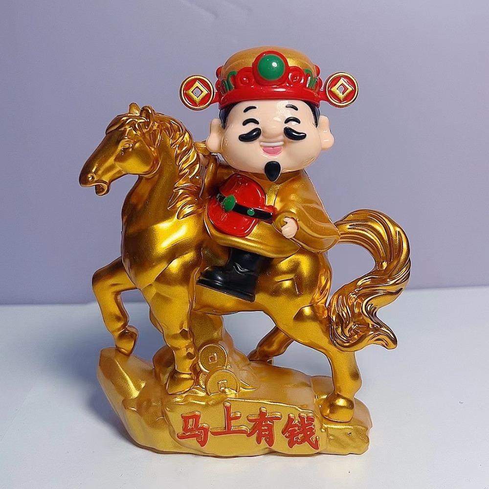 Chinese Style God of Fortune Sculpture Solar Powered Zodiac Horse God of Wealth Car Ornament Lovely Design Auto Shaking