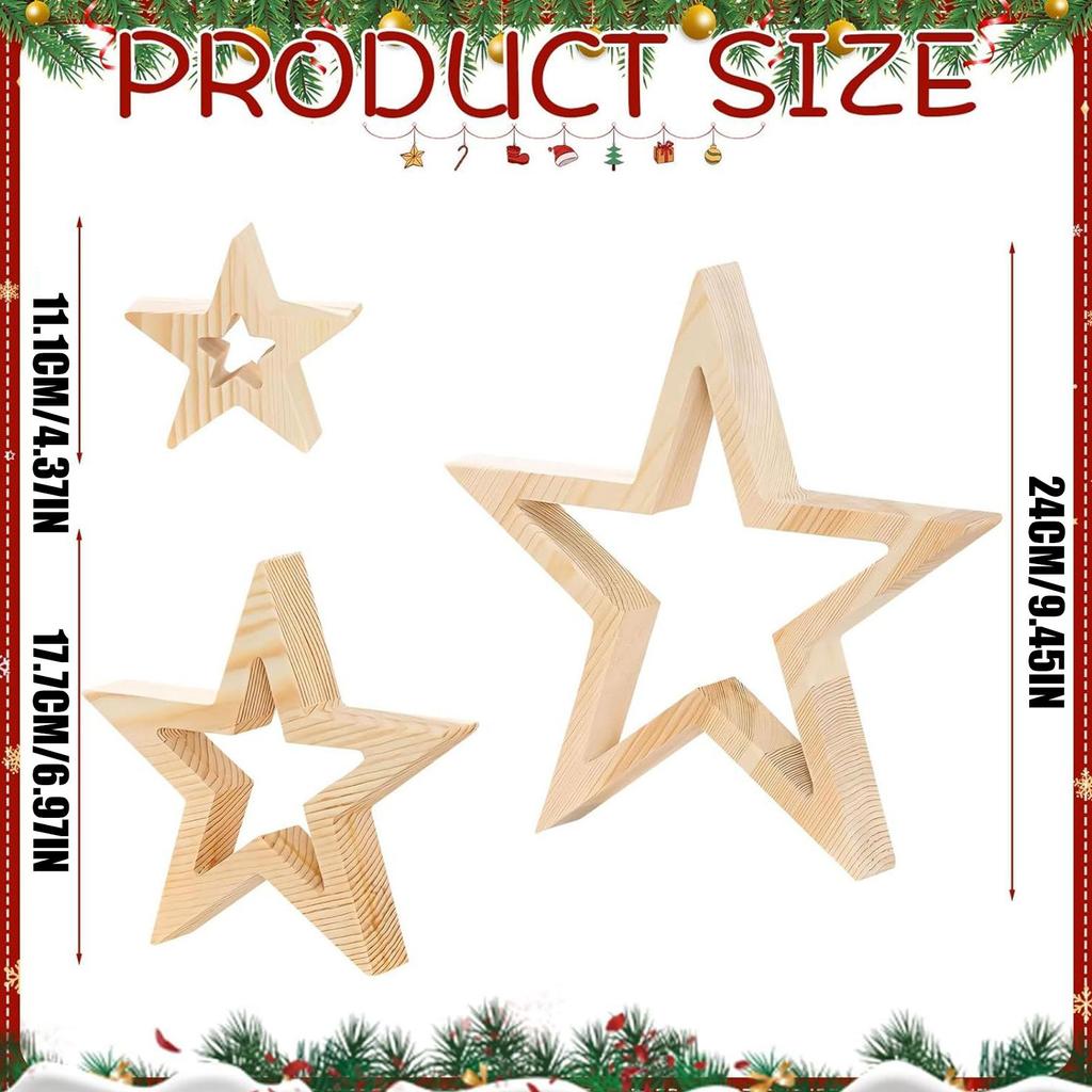 3 Pieces Wooden Star Christmas Decor Handicrafts Wooden Star Decoration Wooden Star Tabletop Centerpiece Sign For Desk Table