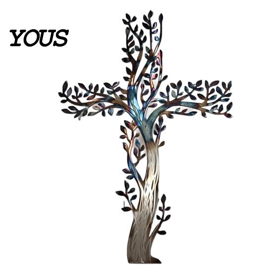 Metal Tree Wall Hanging Cross Art, of Life Crosses Retro Style Art Decor, for Garden Living Room Bedroom Gradient Color